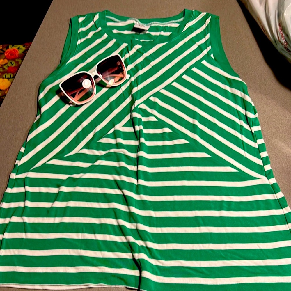 Cabi #5758 Amelia Tank Shirt Green White Stripe Top Size Medium